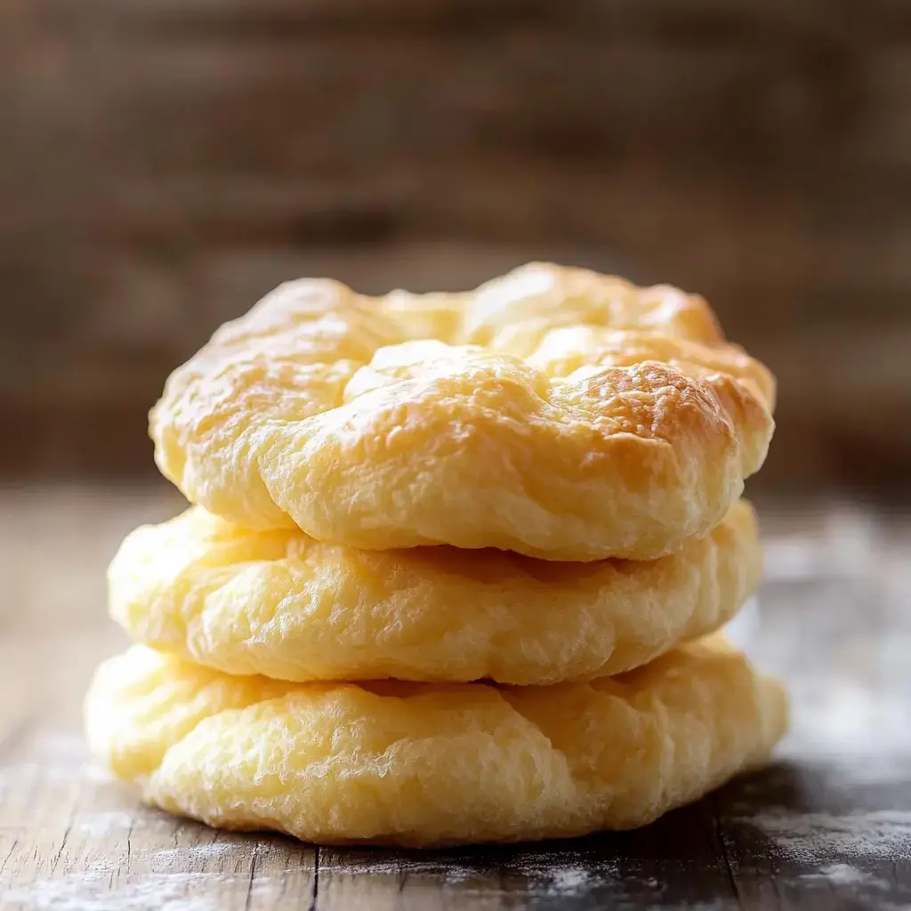 A stack of three golden, fluffy bread rolls sits on a wooden surface.