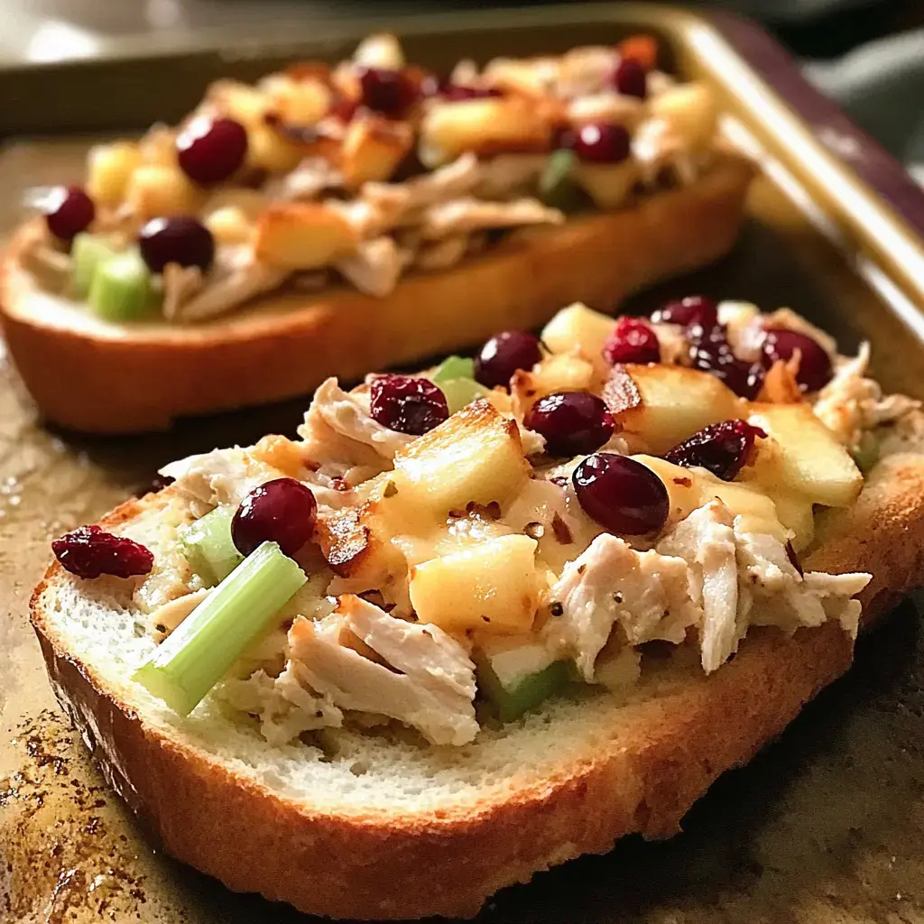 Two slices of toasted bread topped with shredded chicken, diced apples, celery, and cranberries.