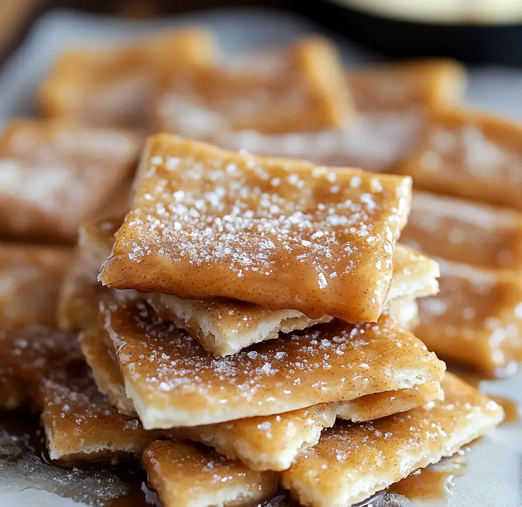 A close-up of layered, rectangular pastries covered in a shiny syrup and sprinkled with powdered sugar.