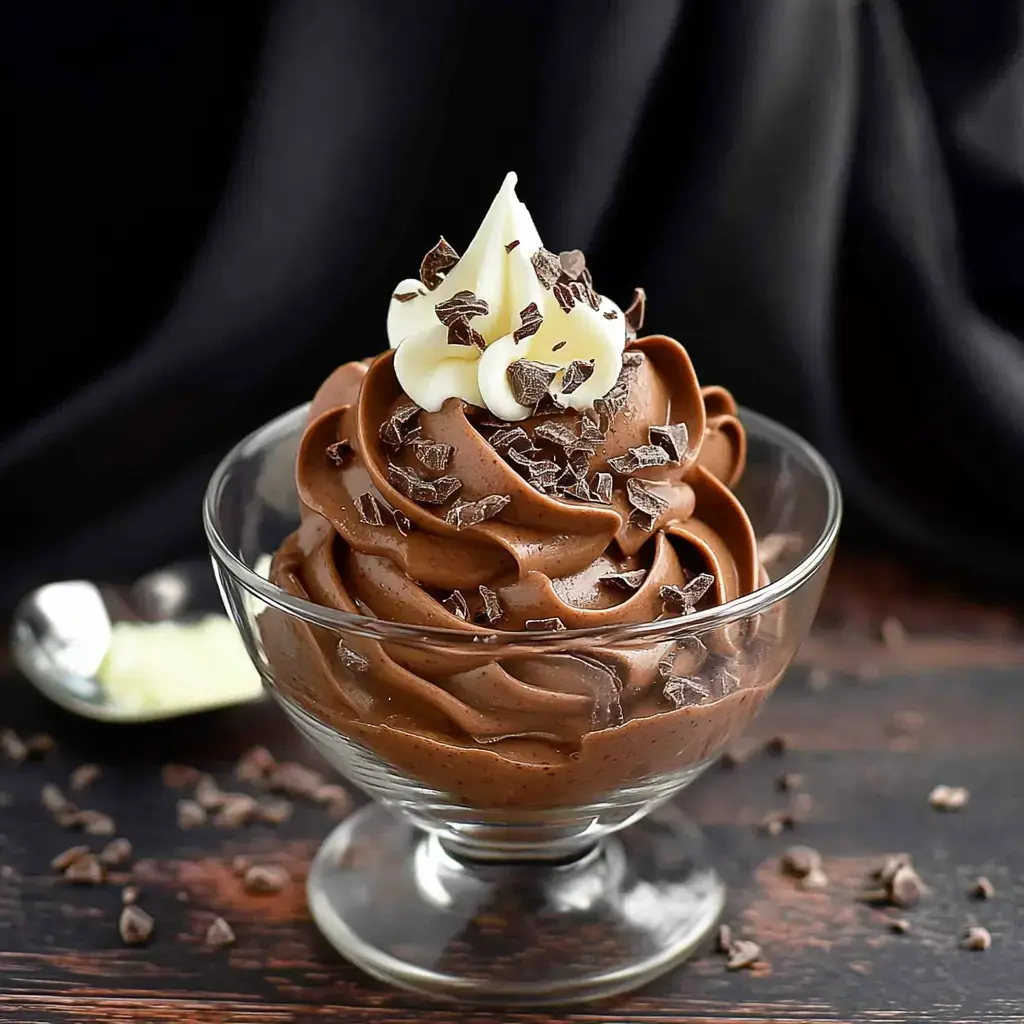 A glass bowl filled with swirled chocolate mousse topped with a dollop of whipped cream and chocolate shavings.