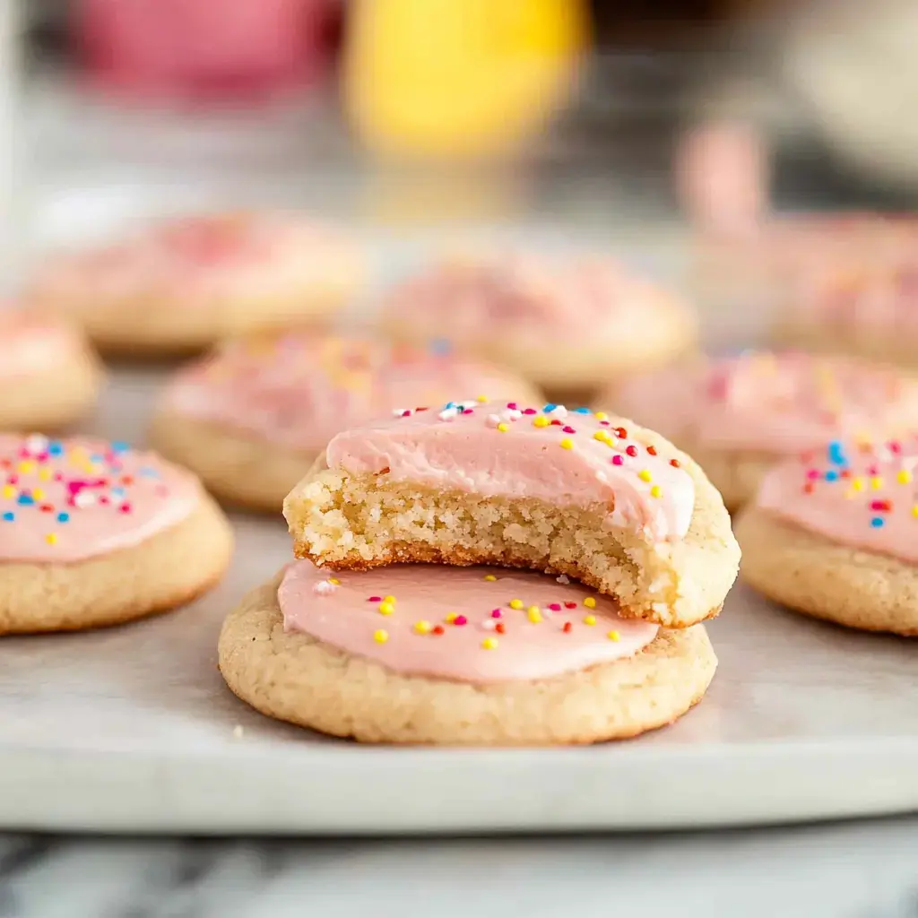 A close-up of frosted sugar cookies with colorful sprinkles, featuring one cookie with a bite taken out.