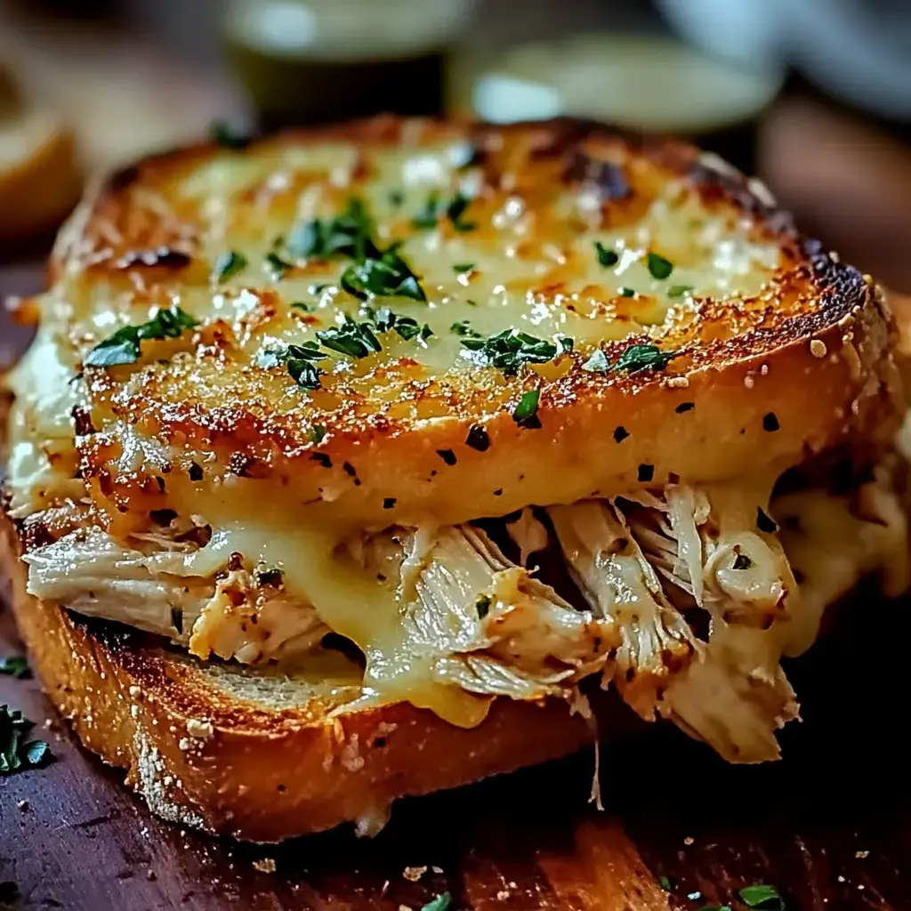 A toasted sandwich filled with shredded chicken and melted cheese, garnished with chopped herbs.