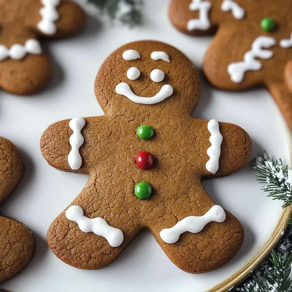 A decorated gingerbread cookie in the shape of a gingerbread man, featuring a smiling face and colorful icing embellishments.