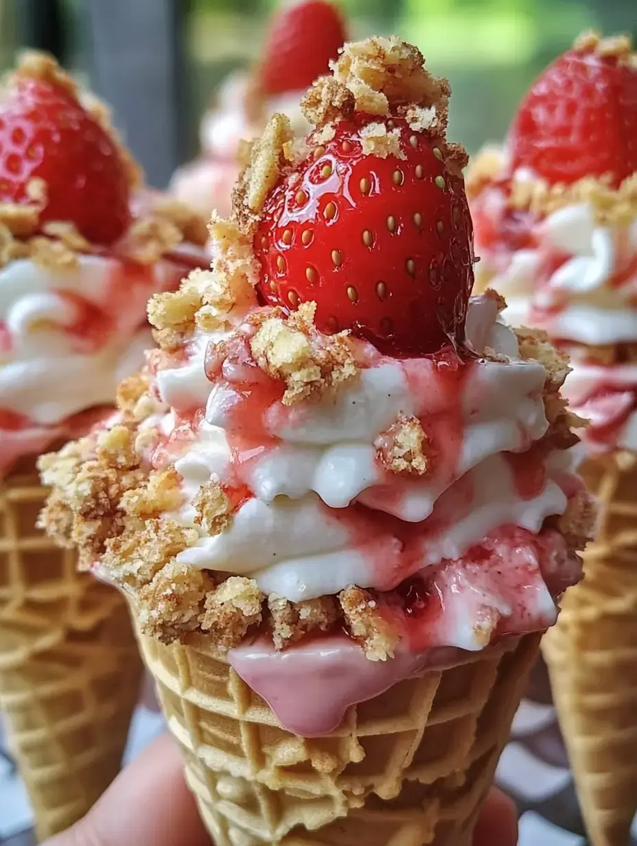 A close-up of an ice cream cone topped with whipped cream, strawberry sauce, crushed crumbs, and a fresh strawberry.