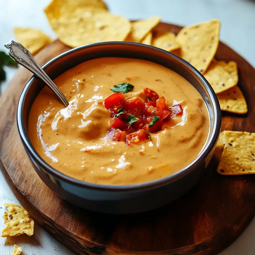 A bowl of creamy cheese dip topped with diced tomatoes and cilantro, surrounded by tortilla chips on a wooden platter.