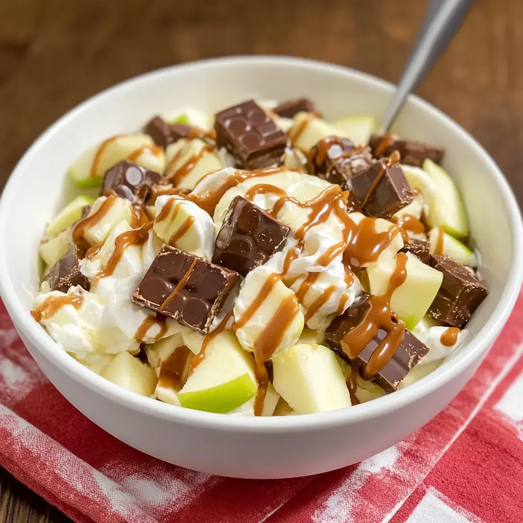 A bowl of dessert featuring sliced green apples, whipped cream, chocolate pieces, and caramel drizzle.