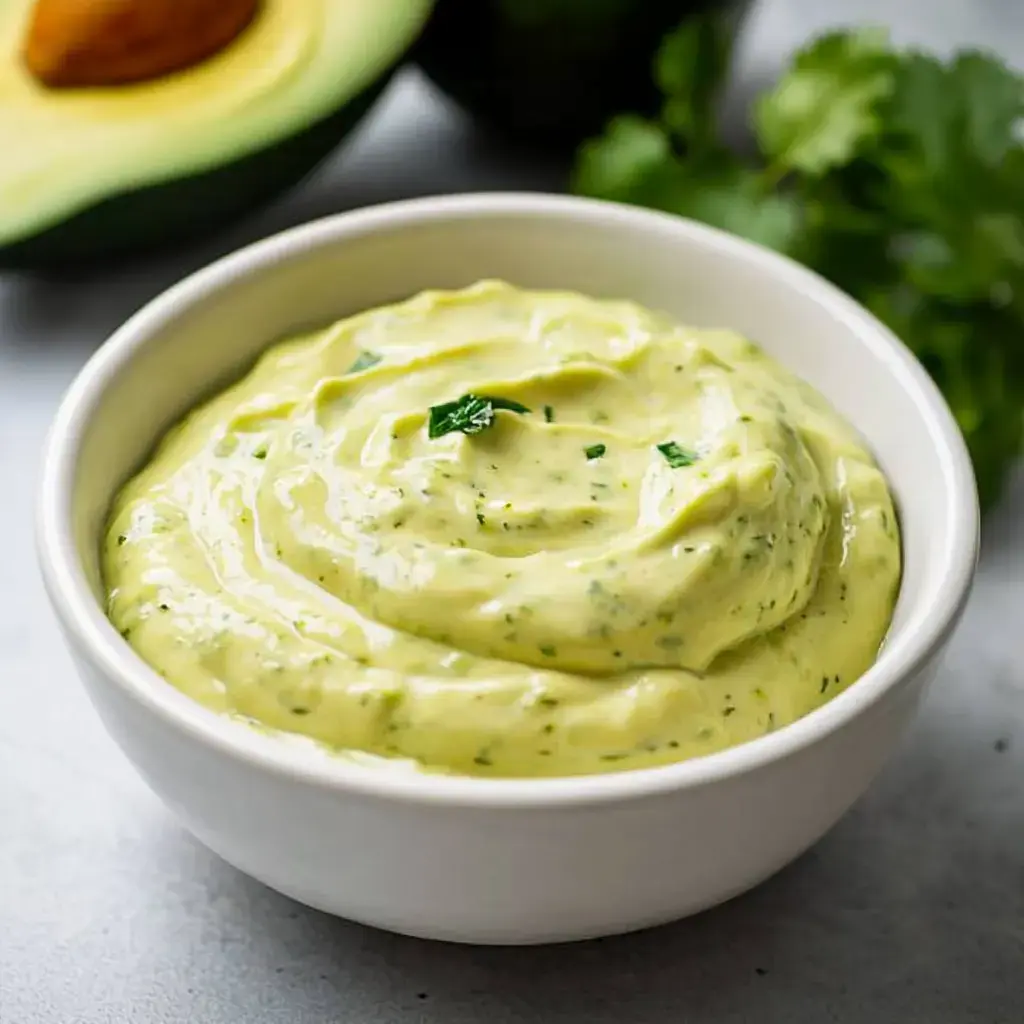 A creamy green dip made with avocado and herbs is displayed in a white bowl, with fresh cilantro and an avocado half in the background.