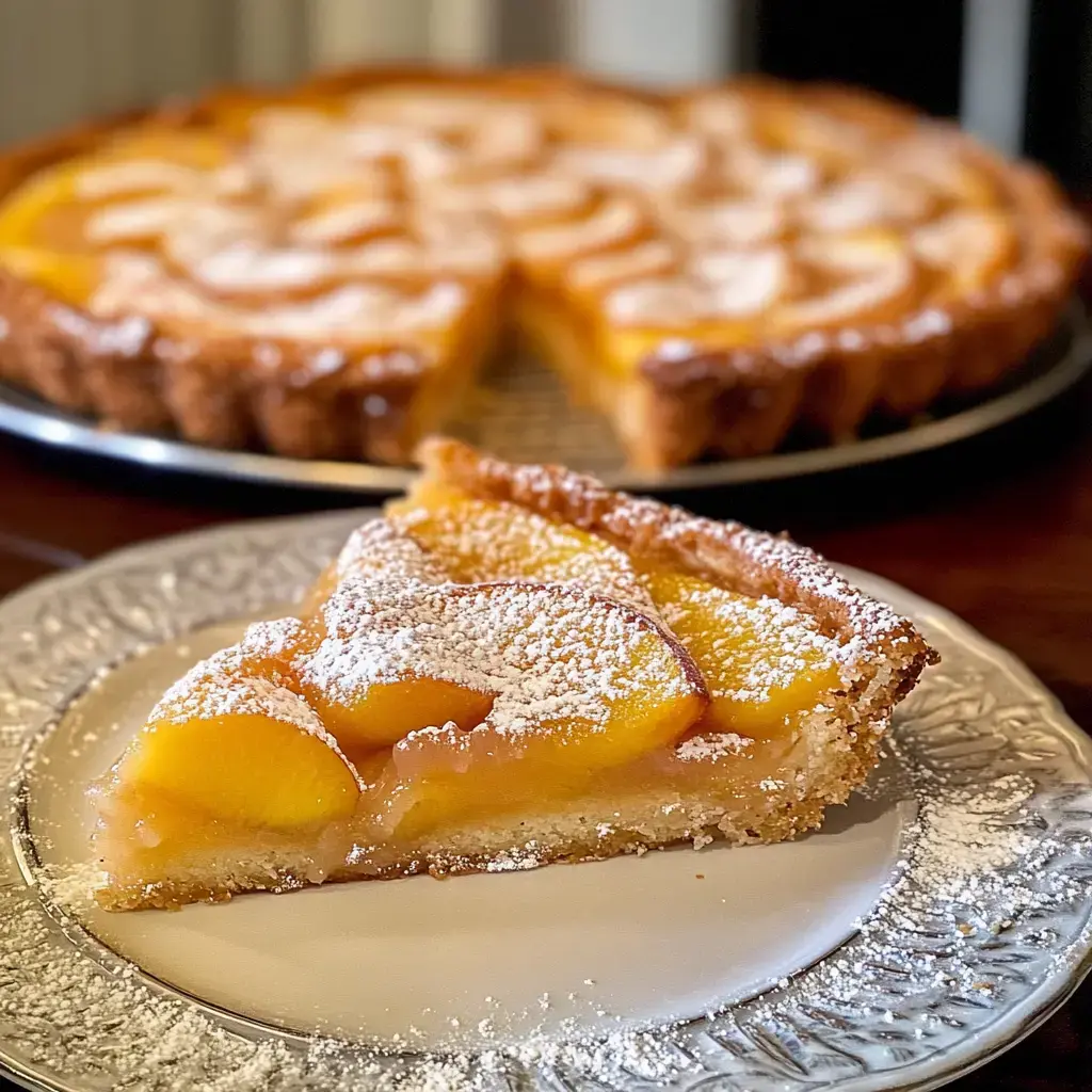 A slice of peach tart, topped with powdered sugar, is served on a decorative plate with the whole tart in the background.