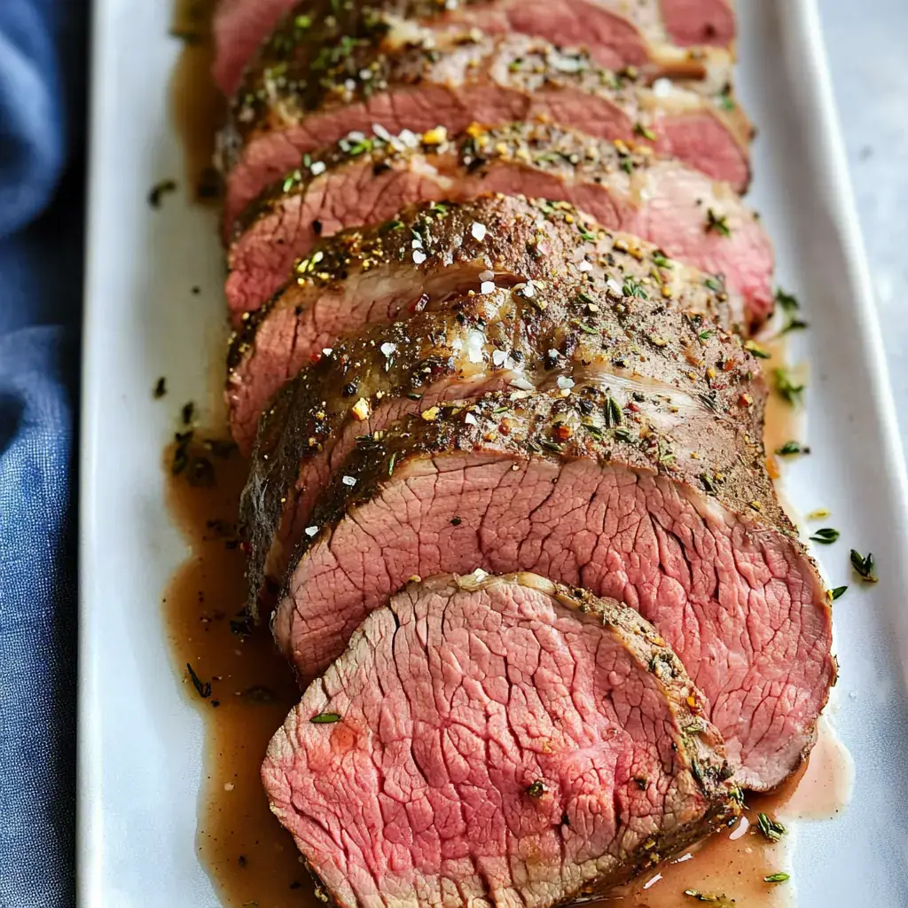 A platter of expertly sliced roast beef, seasoned with herbs and garnished with salt, served in a savory sauce.