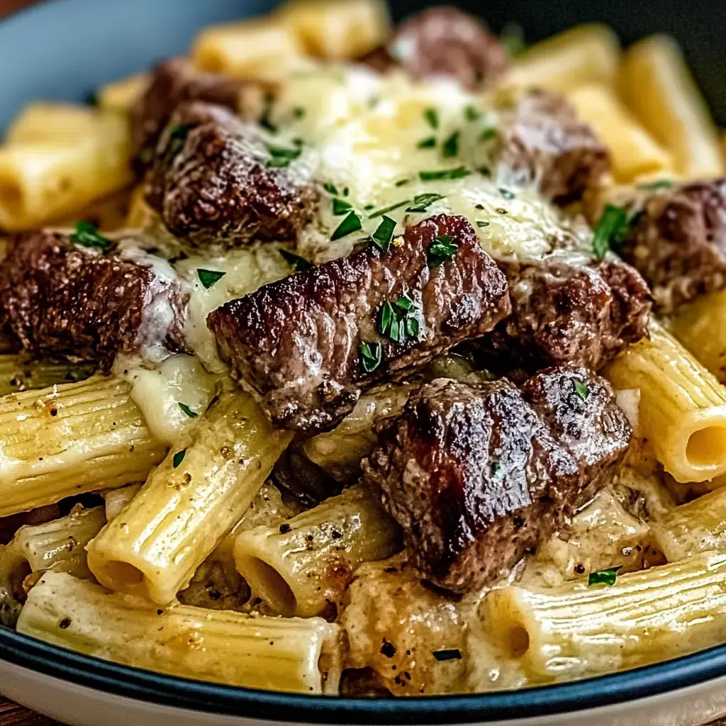 A plate of rigatoni pasta topped with chunks of seared beef and melted cheese, garnished with chopped parsley.