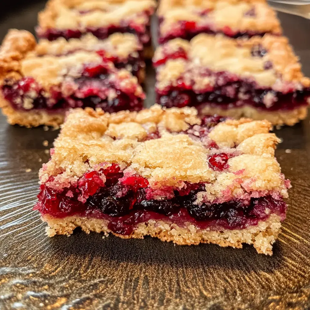 A close-up view of berry crumb bars with a golden crumb topping and a rich, colorful fruit filling.