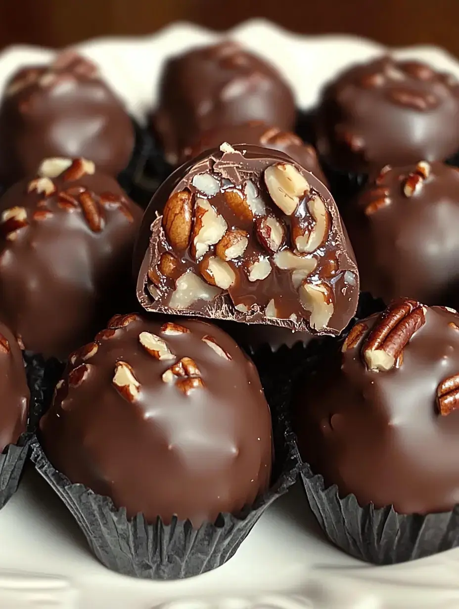 A close-up of chocolate truffles with a shiny exterior and chopped nuts on top, showcasing one truffle cut in half to reveal a rich, nut-filled center.