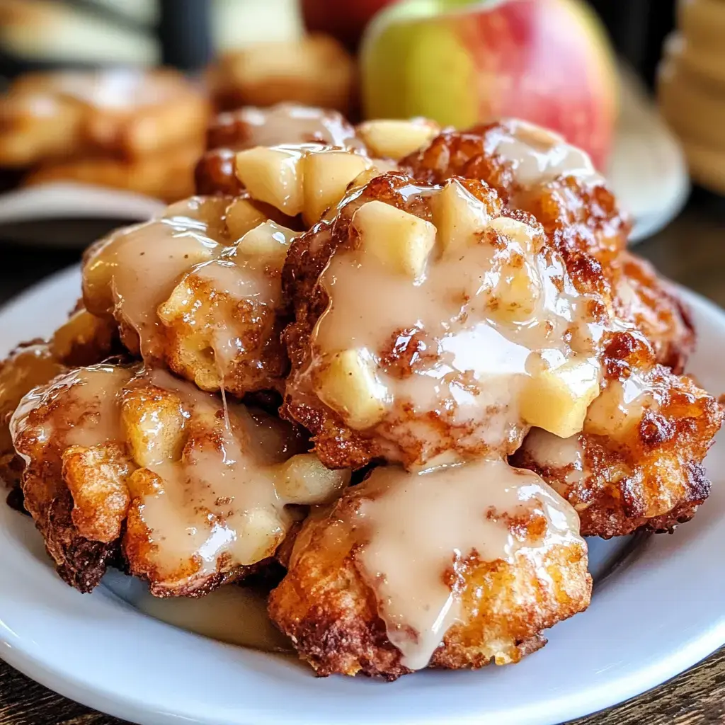 A plate of golden-brown apple fritters is drizzled with a creamy glaze and topped with diced apples.