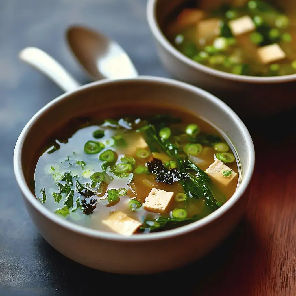 A close-up of two bowls of soup containing tofu, green onions, seaweed, and leafy greens, placed on a wooden surface.