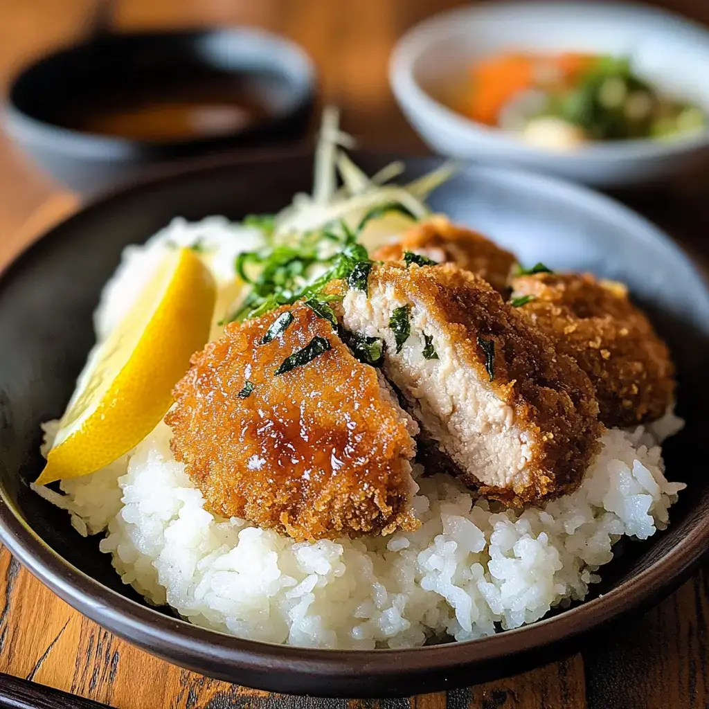 A serving of crispy fried chicken cutlet rests on a bed of white rice, garnished with a lemon wedge and green herbs.