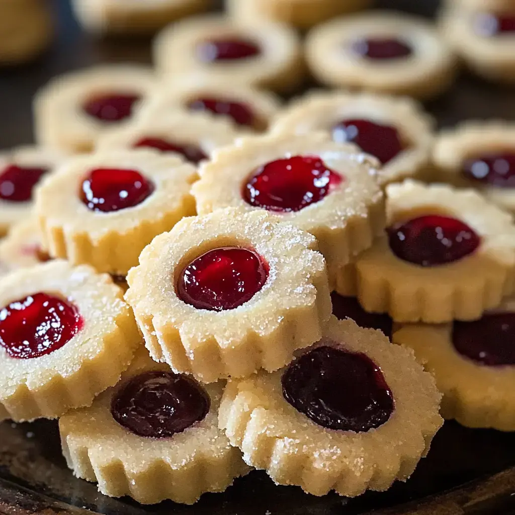 A close-up of a pile of round, shortbread cookies with a red fruit filling in the center.