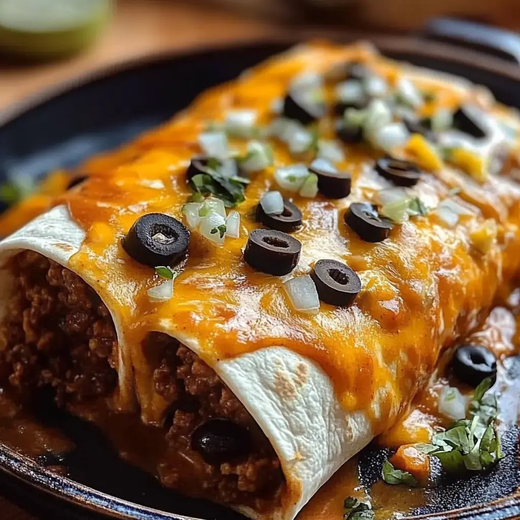 A close-up of two enchiladas topped with melted cheese, black olives, and chopped onions, served on a dark plate.