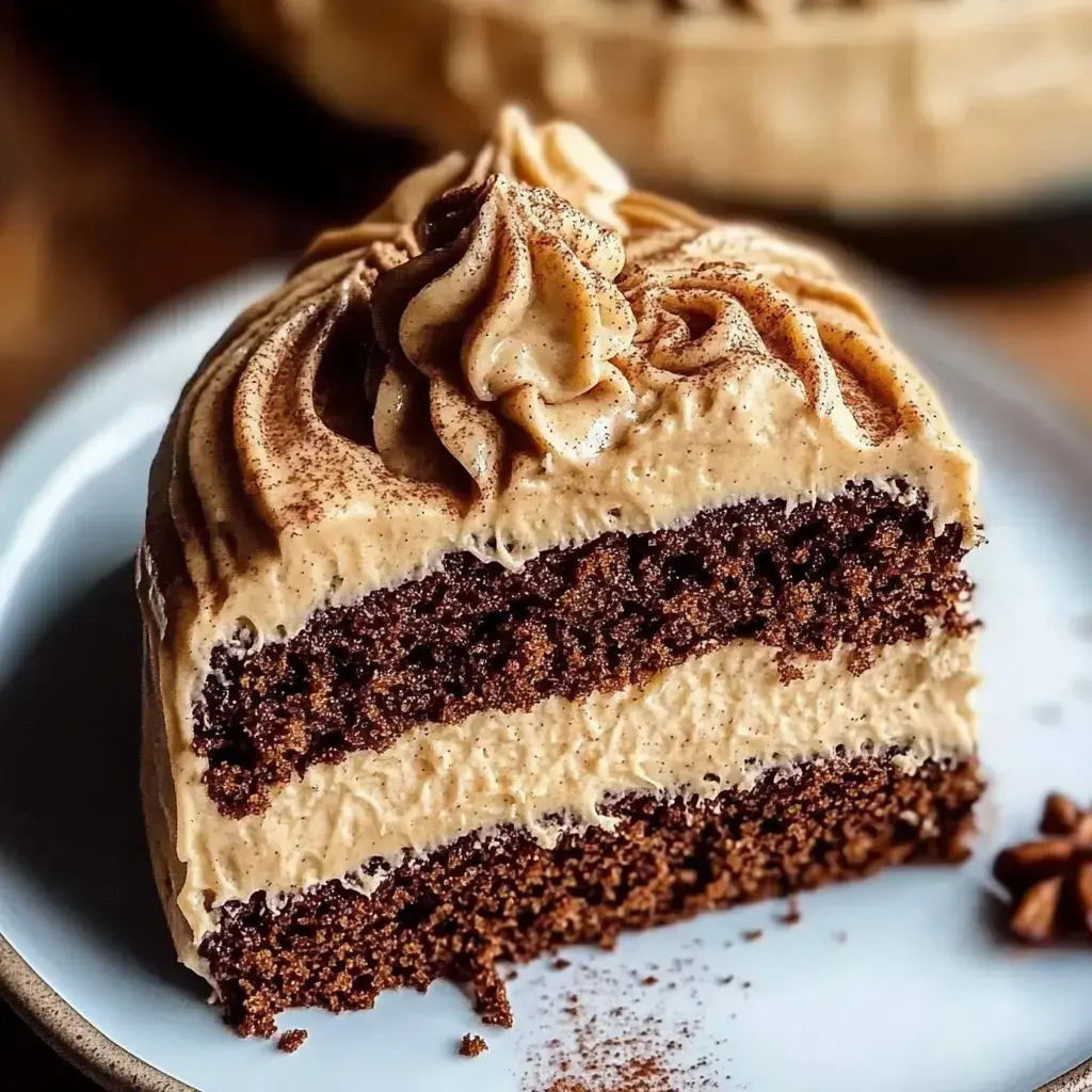 A slice of chocolate cake layered with creamy caramel frosting and topped with swirls of frosting, served on a white plate.