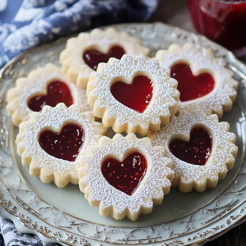 A plate of heart-shaped cookies filled with red jelly and dusted with powdered sugar.