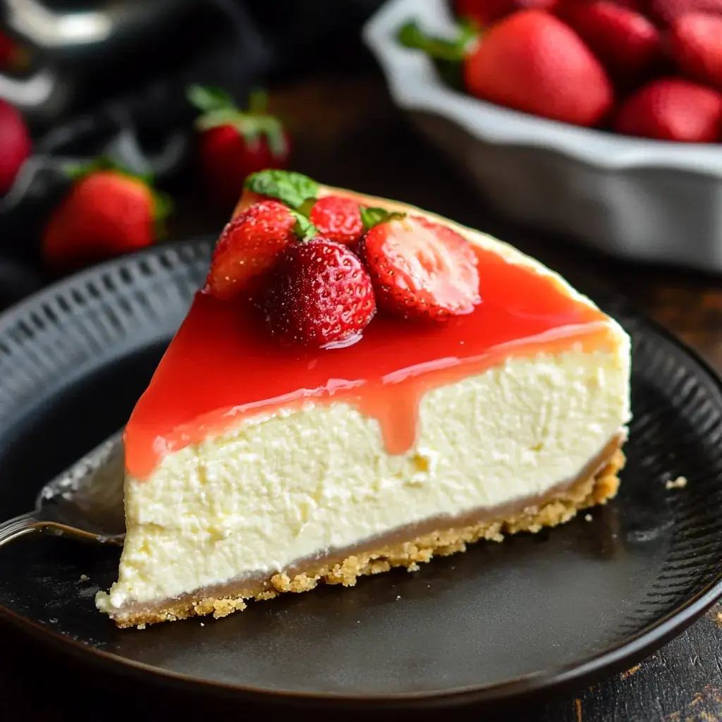 A slice of cheesecake topped with fresh strawberries and a glossy red glaze, served on a dark plate with additional strawberries in the background.