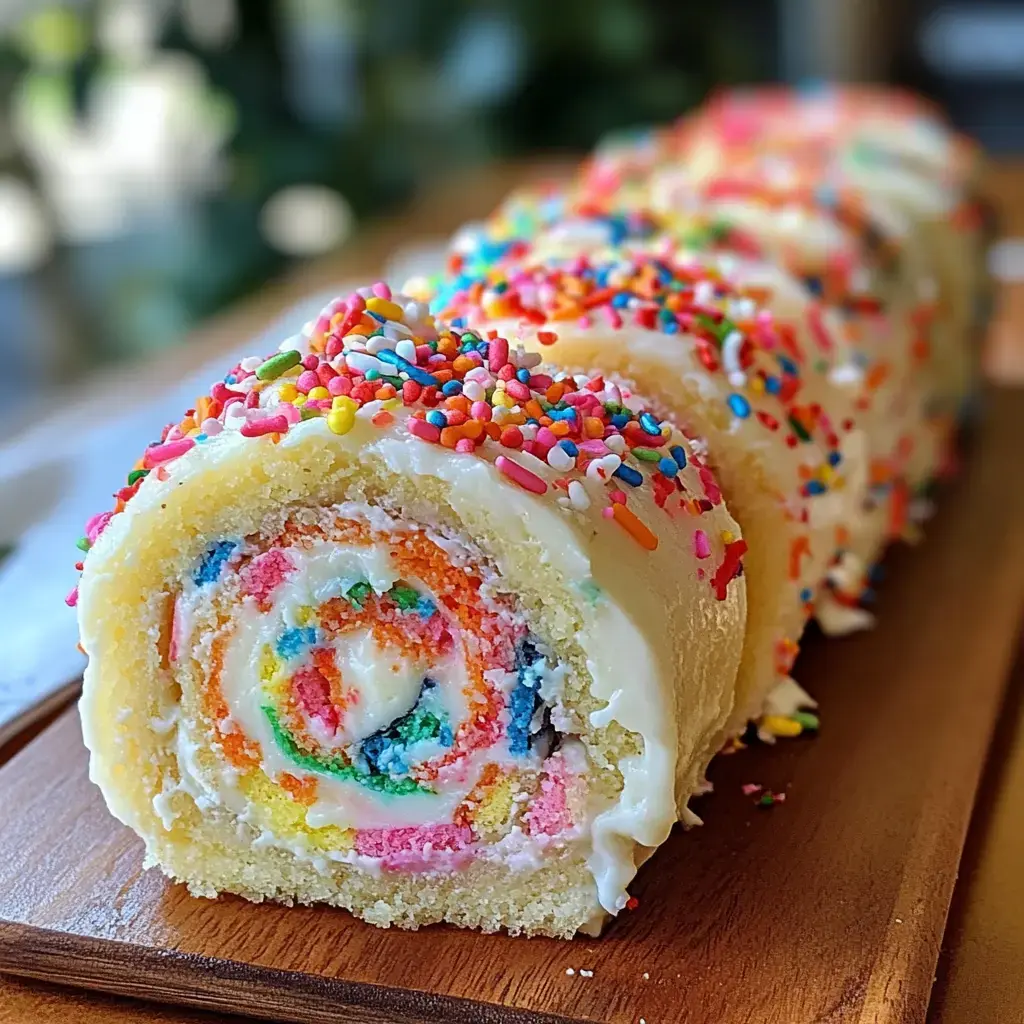 A colorful cake roll with vibrant sprinkles and a spiral pattern of pink, orange, and blue inside, displayed on a wooden board.