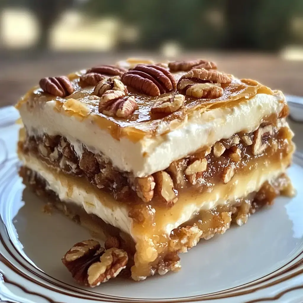 A close-up of a layered dessert featuring cream, caramel, and pecans on top, served on an elegant plate.