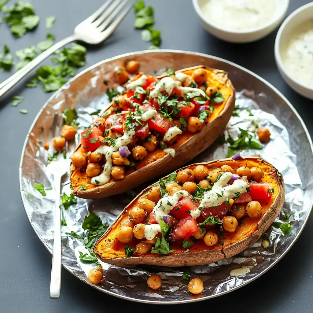 A plated dish of roasted sweet potato halves topped with chickpeas, diced tomatoes, fresh herbs, and a drizzle of sauce.