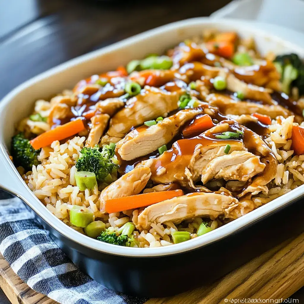 A close-up of a dish featuring fluffy fried rice topped with sliced chicken, broccoli, and carrots, all drizzled with a savory sauce.