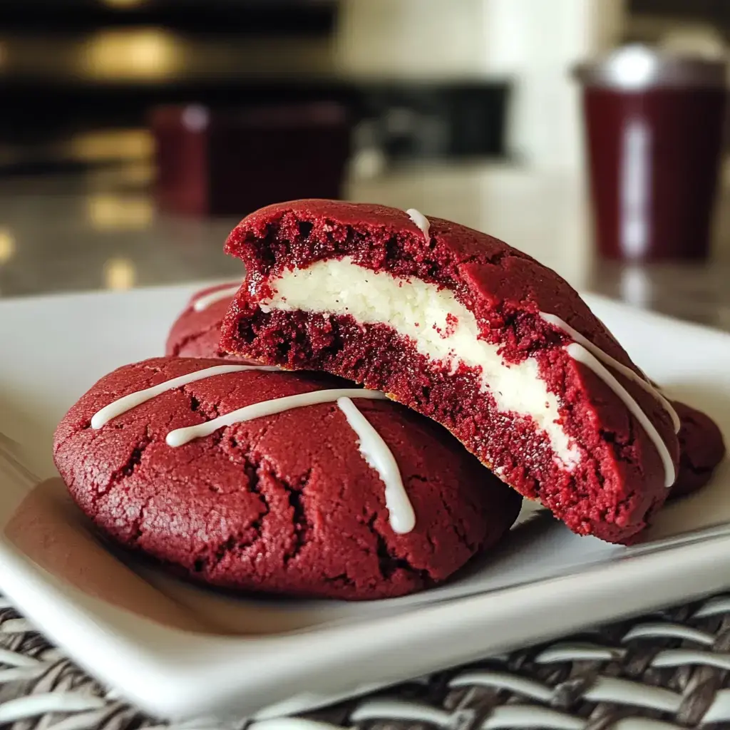 A plate of red velvet cookies with a white cream filling, one cookie is broken in half to reveal the filling.