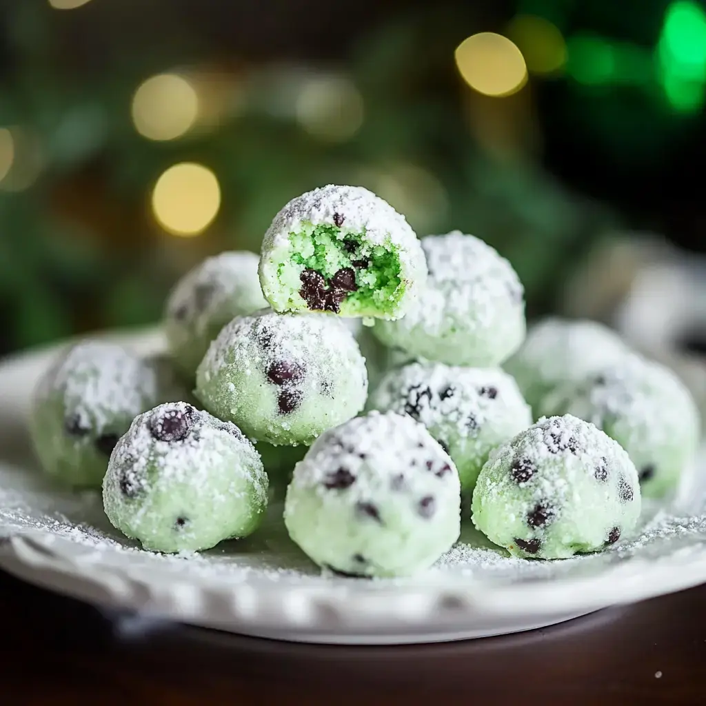 A plate of green, powdered sugar-coated mint chocolate chip balls, with one ball showing a bite taken out of it.