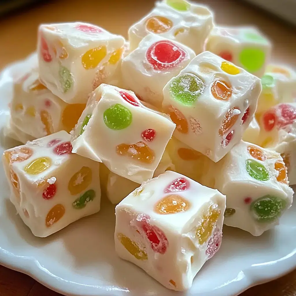 A close-up of an assortment of colorful jelly cubes with a creamy white coating, arranged on a white plate.