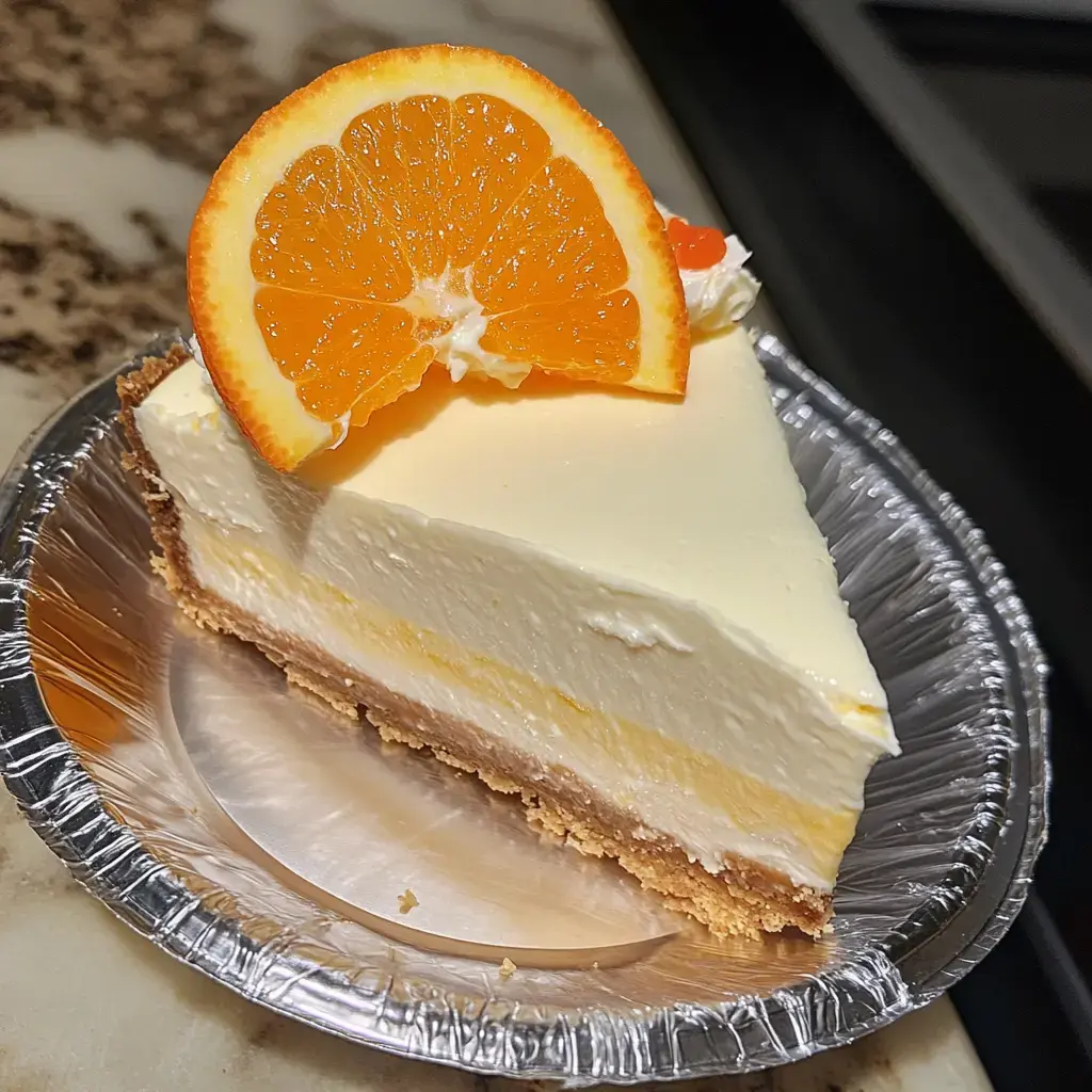 A slice of creamy cheesecake topped with a fresh orange slice, served in a silver pie dish.