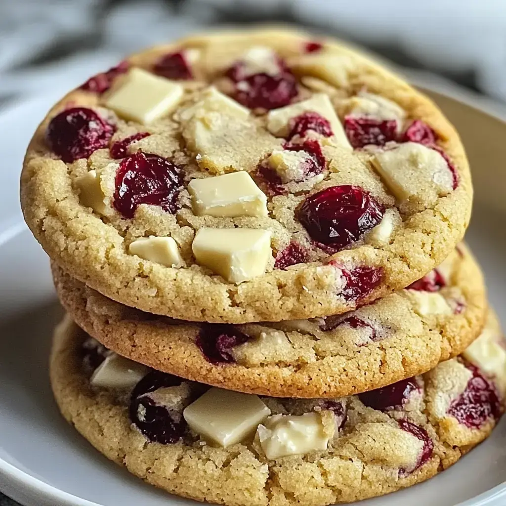 A stack of three large cookies, featuring cranberries and white chocolate chunks, on a plate.