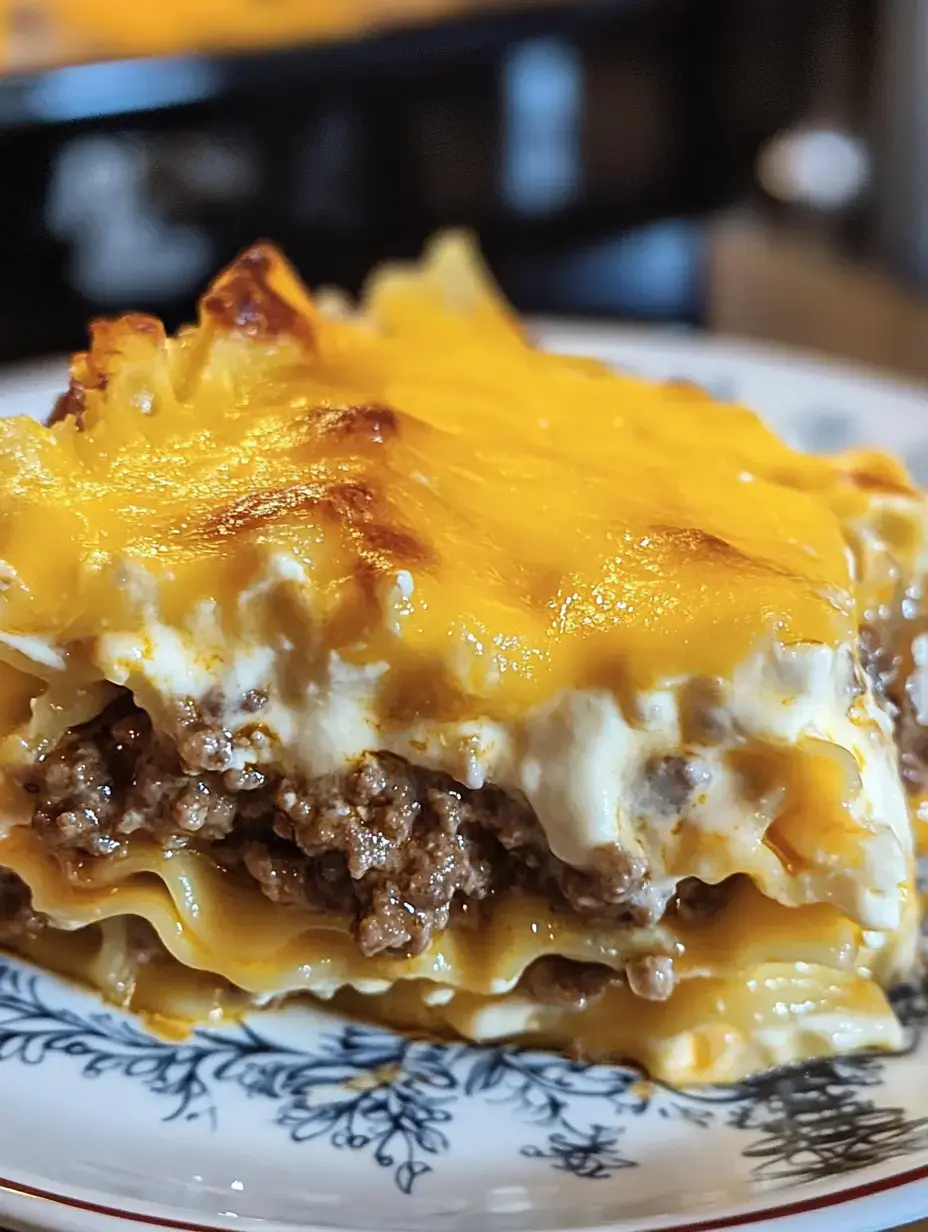 A close-up of a slice of lasagna on a decorative plate, revealing layers of pasta, ground beef, and melted cheese.