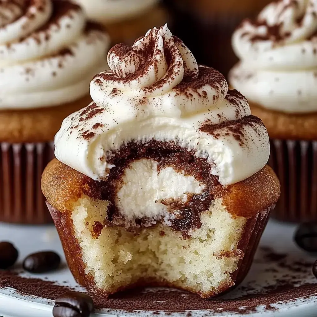 A close-up of a cupcake with a swirl of creamy frosting and a bite taken out, revealing a chocolate filling and light-colored cake underneath.