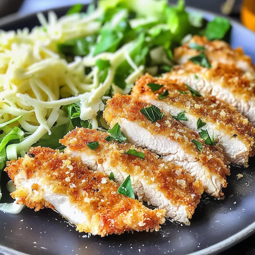 A plate of sliced breaded chicken breast garnished with parsley, served alongside mixed greens and shredded cheese.