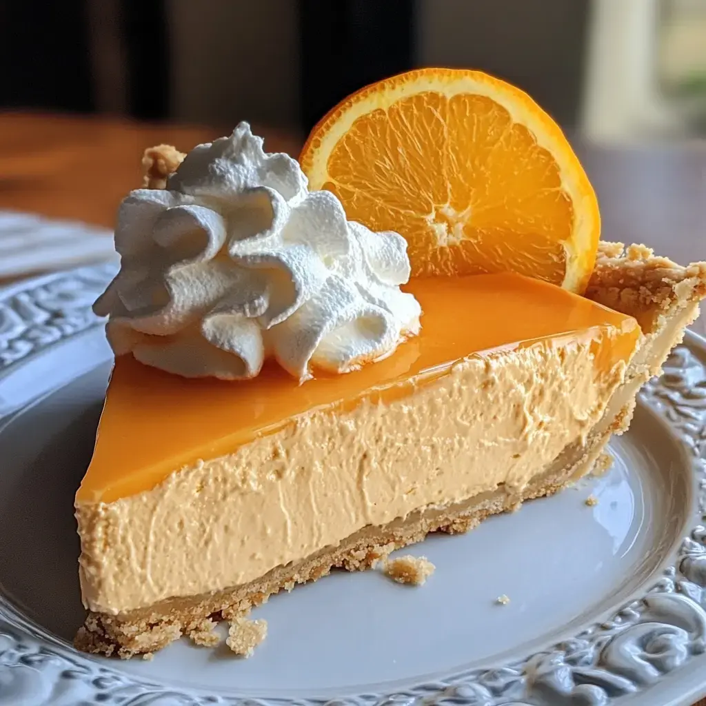 A slice of orange cream pie topped with whipped cream and a slice of orange sits on a decorative plate.