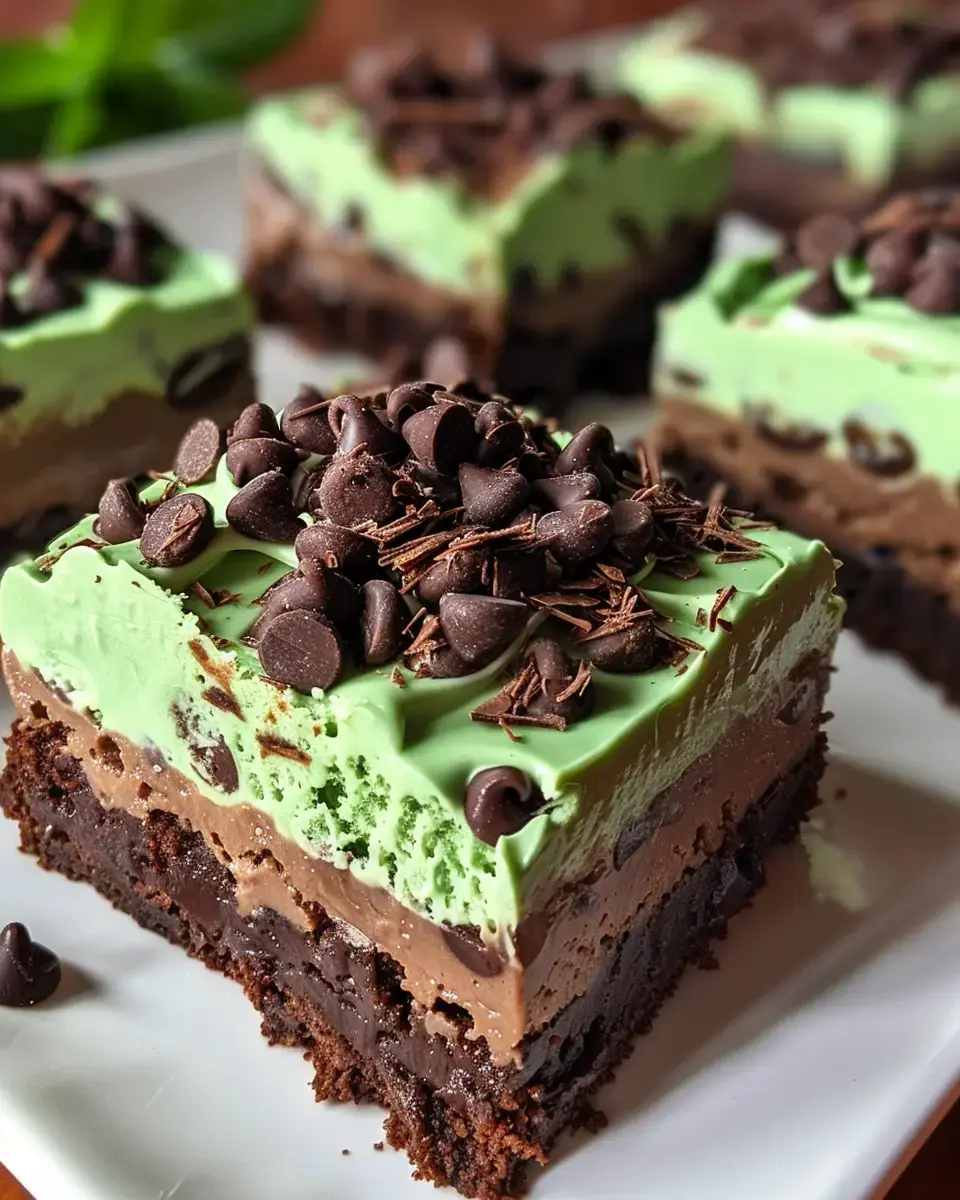 A close-up of a layered dessert featuring chocolate brownie at the base, chocolate mousse in the middle, and a green mint frosting on top, garnished with chocolate chips.