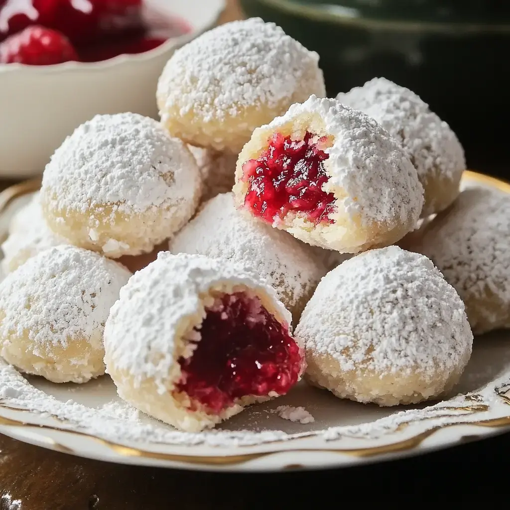 A close-up of powdered sugar-covered cookies with a raspberry filling, some cookies partially bitten to reveal the red fruit inside.