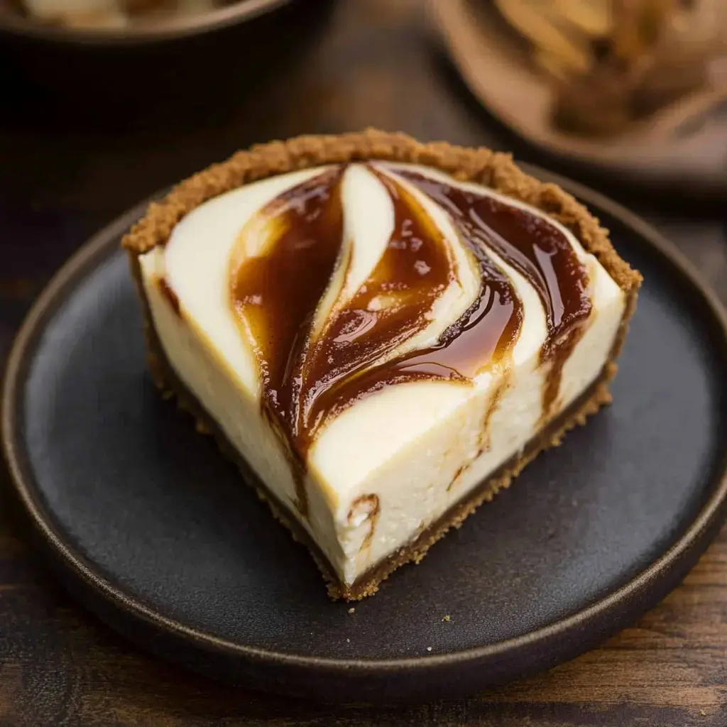 A slice of cheesecake with a creamy filling swirled with caramel sauce on a dark plate.