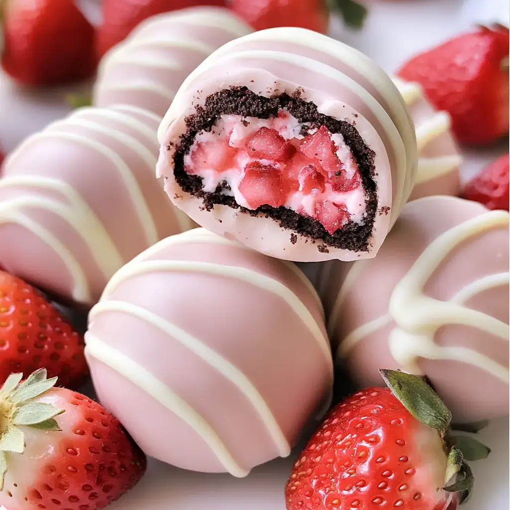 A close-up of pink chocolate truffles with a strawberry filling, surrounded by fresh strawberries.