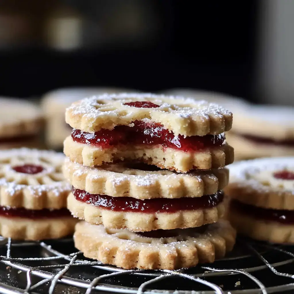 A stack of raspberry jam-filled cookies dusted with powdered sugar on a wire rack.