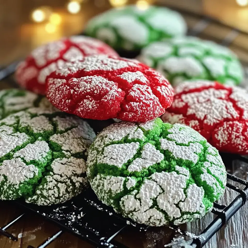 A variety of red and green crinkle cookies dusted with powdered sugar are arranged on a cooling rack, illuminated by soft, warm lights in the background.