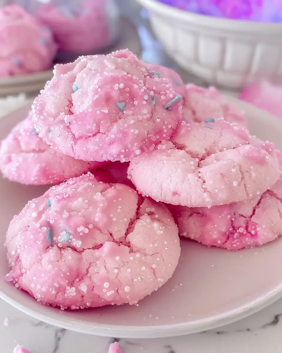 A close-up of fluffy pink cookies adorned with sparkling sugar and small blue sprinkles, arranged on a white plate.