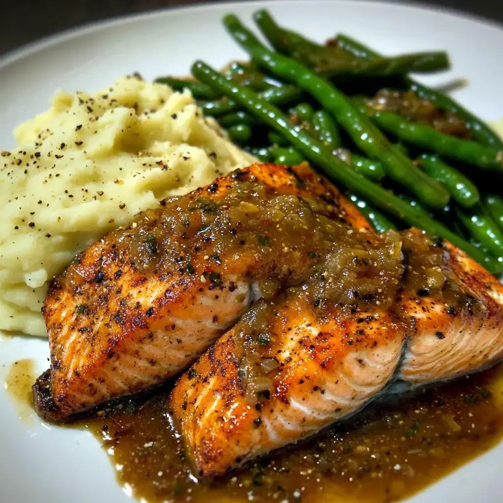 A plated meal featuring salmon fillets topped with a savory sauce, served alongside mashed potatoes and green beans.