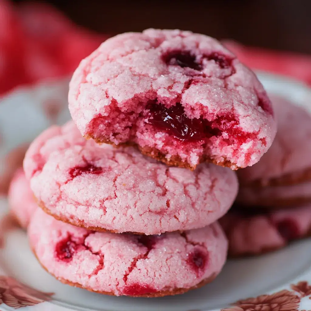 A stack of pink cookies with a glossy red filling, one cookie partially bitten.