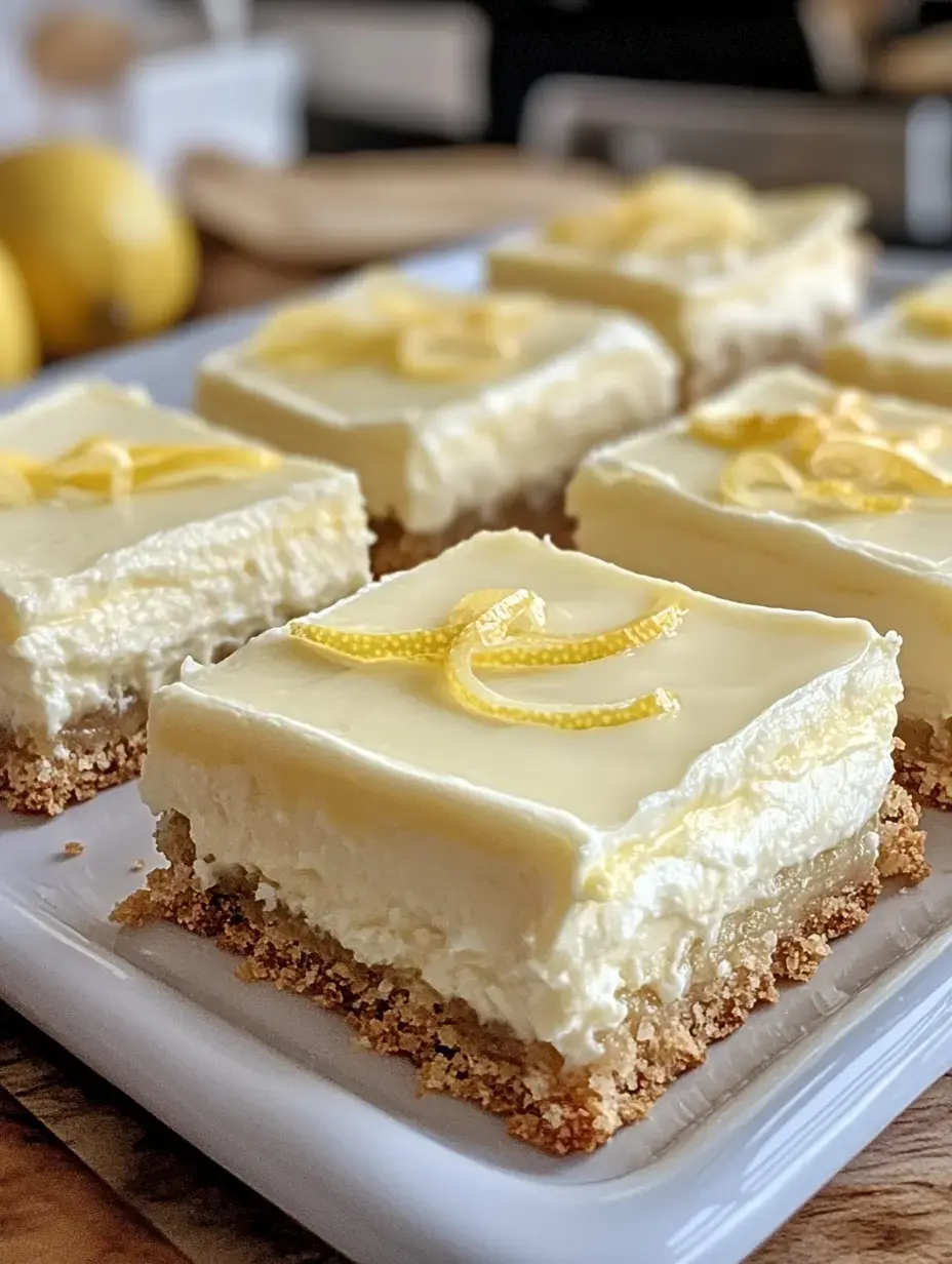 A close-up of lemon bars on a white plate, garnished with lemon slices, with some whole lemons in the background.