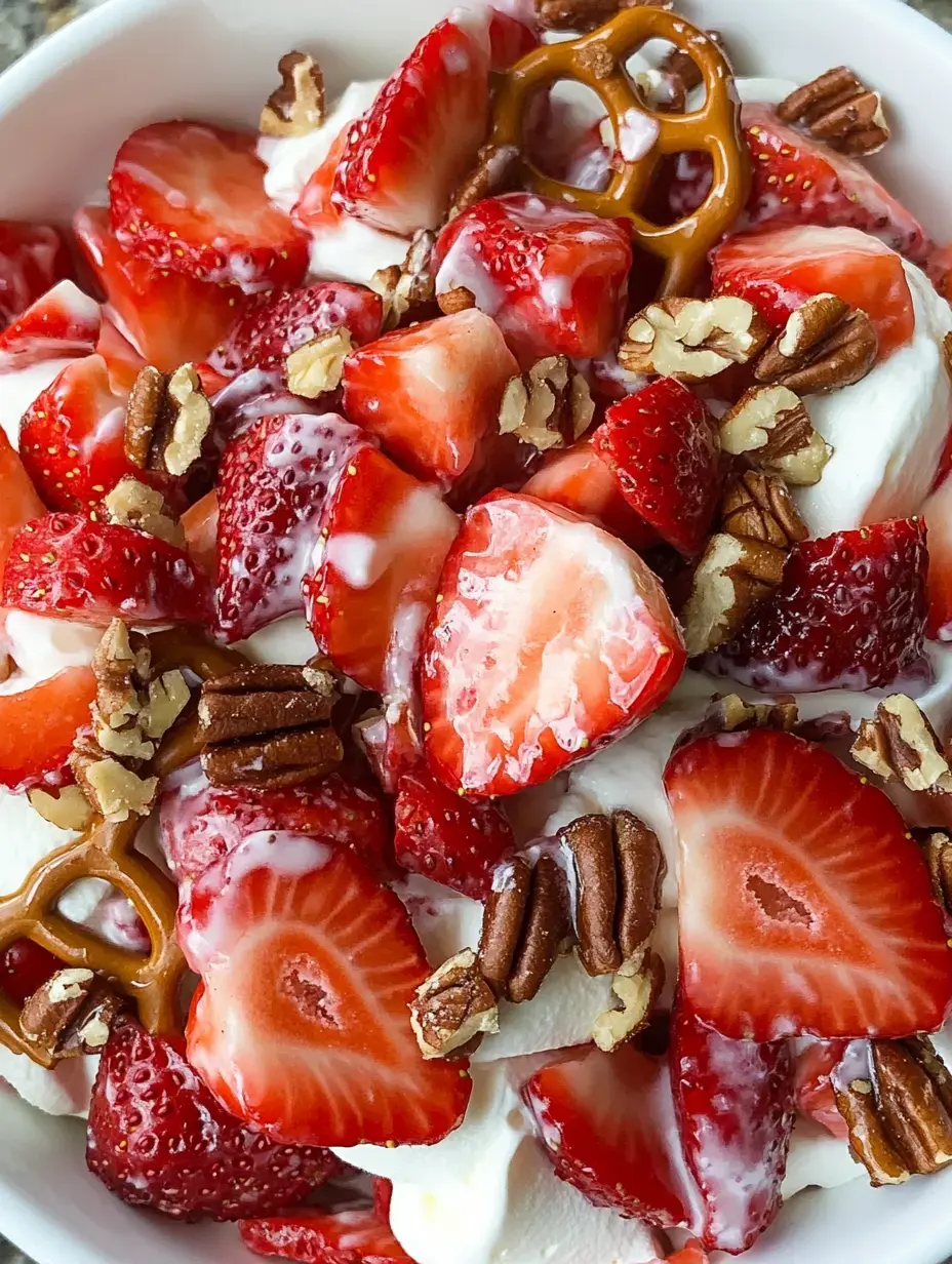 A close-up of a bowl filled with sliced strawberries, whipped cream, pecans, and pretzel pieces.