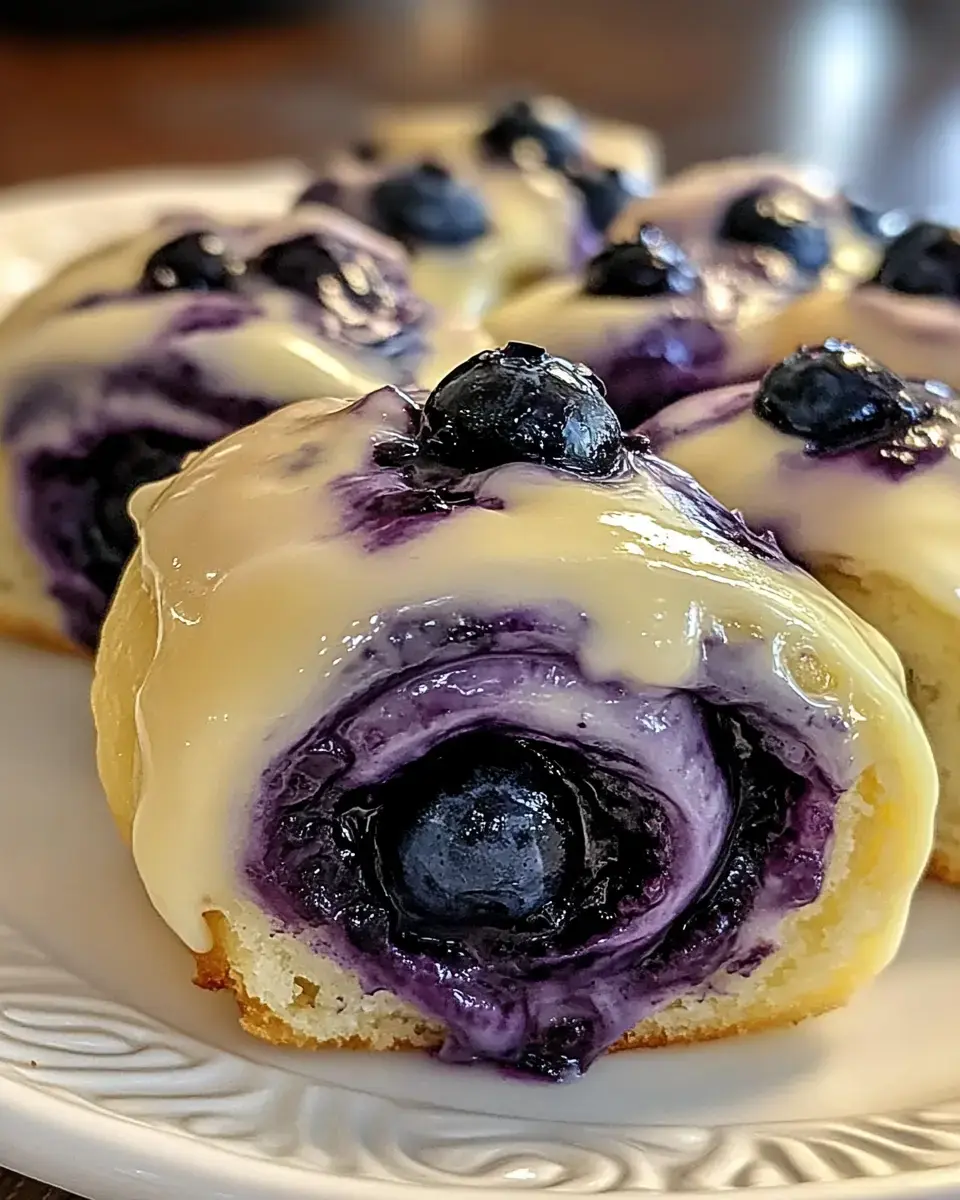 A close-up of a sweet pastry roll filled with blueberry and topped with creamy icing and fresh blueberries.