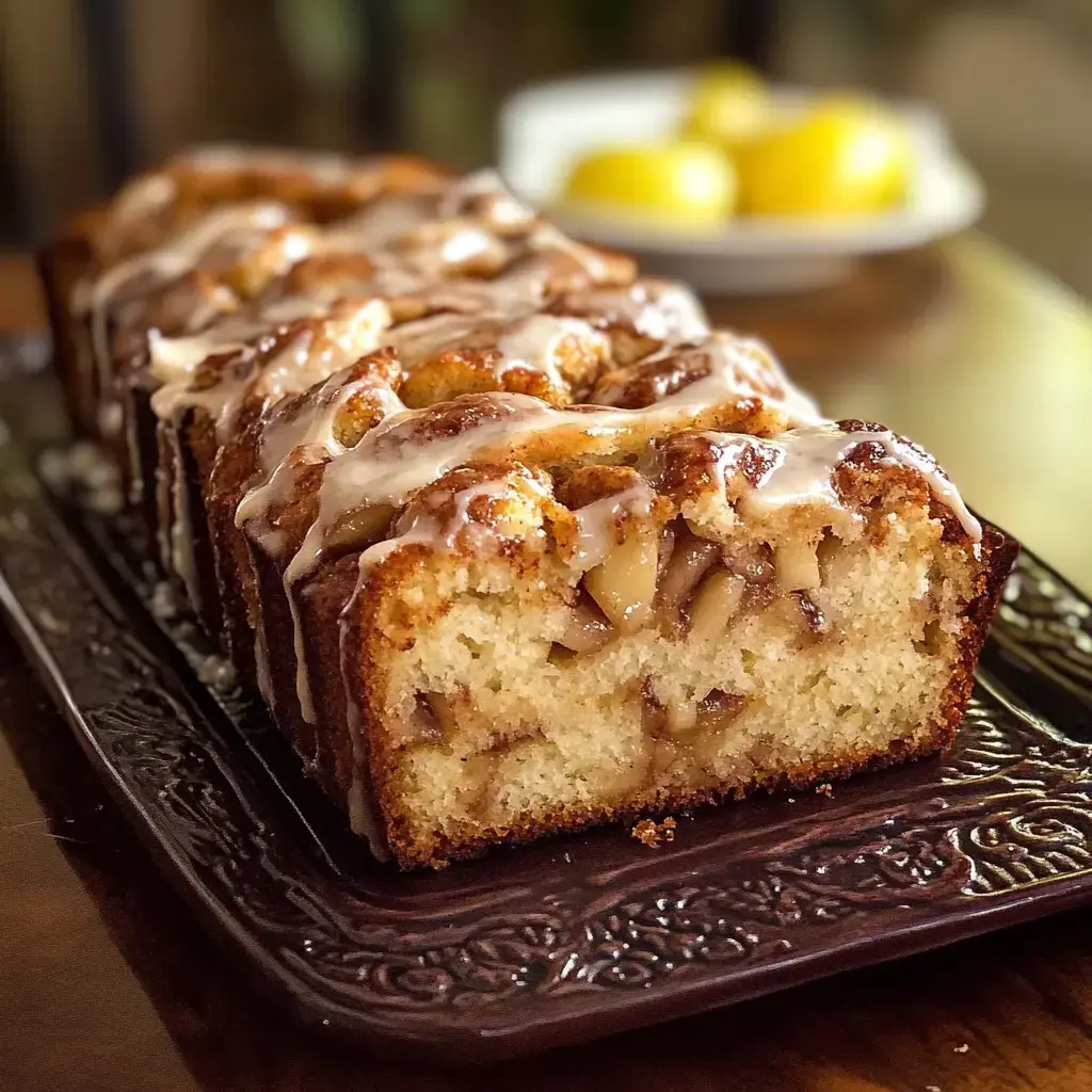 A sliced loaf cake with apple filling and a drizzle of icing, served on a decorative plate.